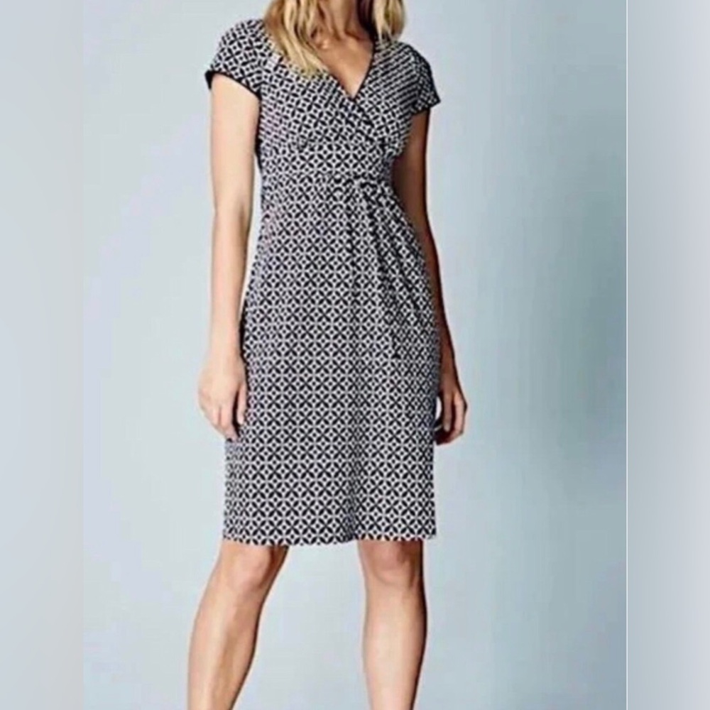 BODEN Navy Blue Faux Wrap Jenny Stretch Knit A-Line Geometric Travel Dress 6P